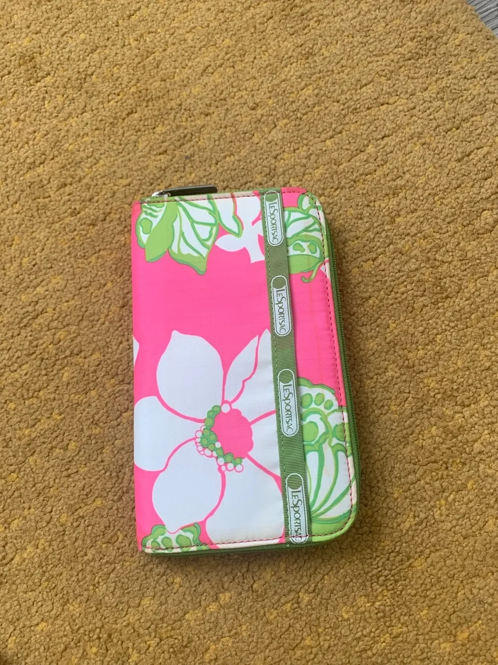 Vintage Lesportsac Neon Pink Floral Zip Wallet with Lime Accents